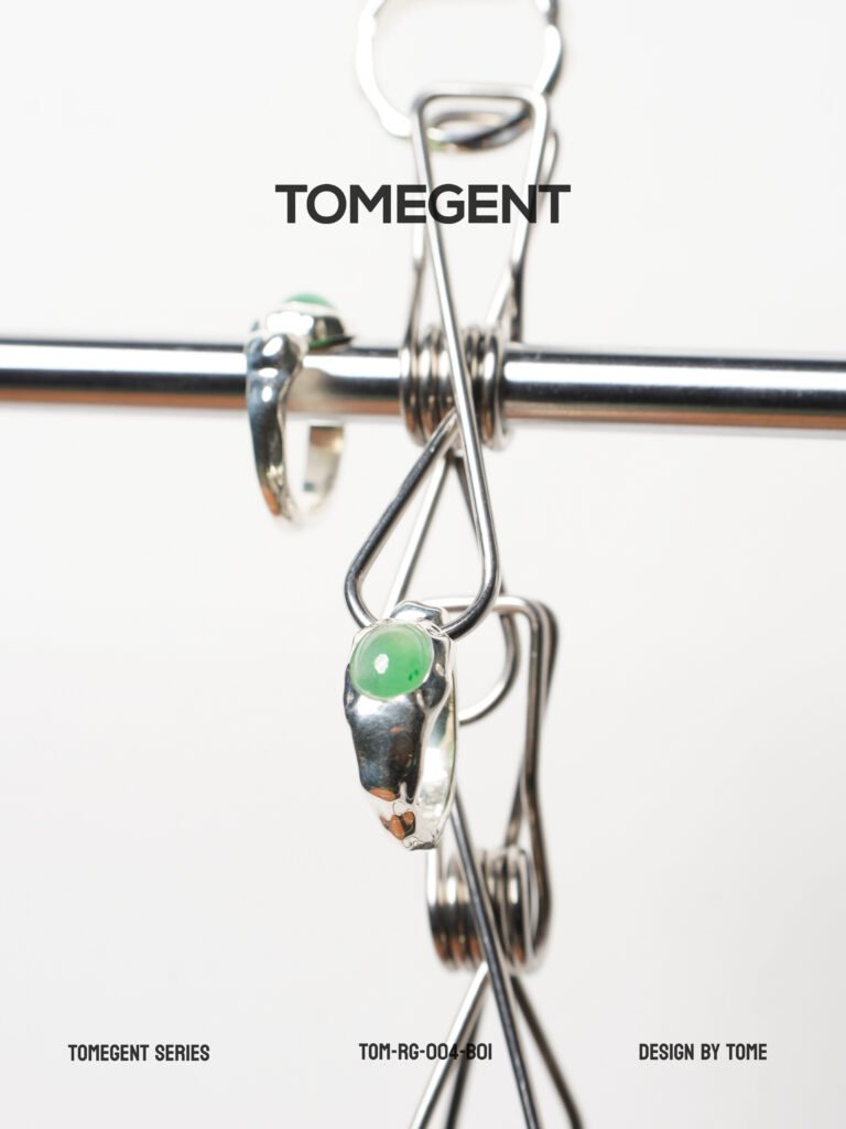 TOMEGENT Liquid Metal Series Sterling Silver Inlaid Jadeite Pinky Ring | TOM‑RG‑004‑B01