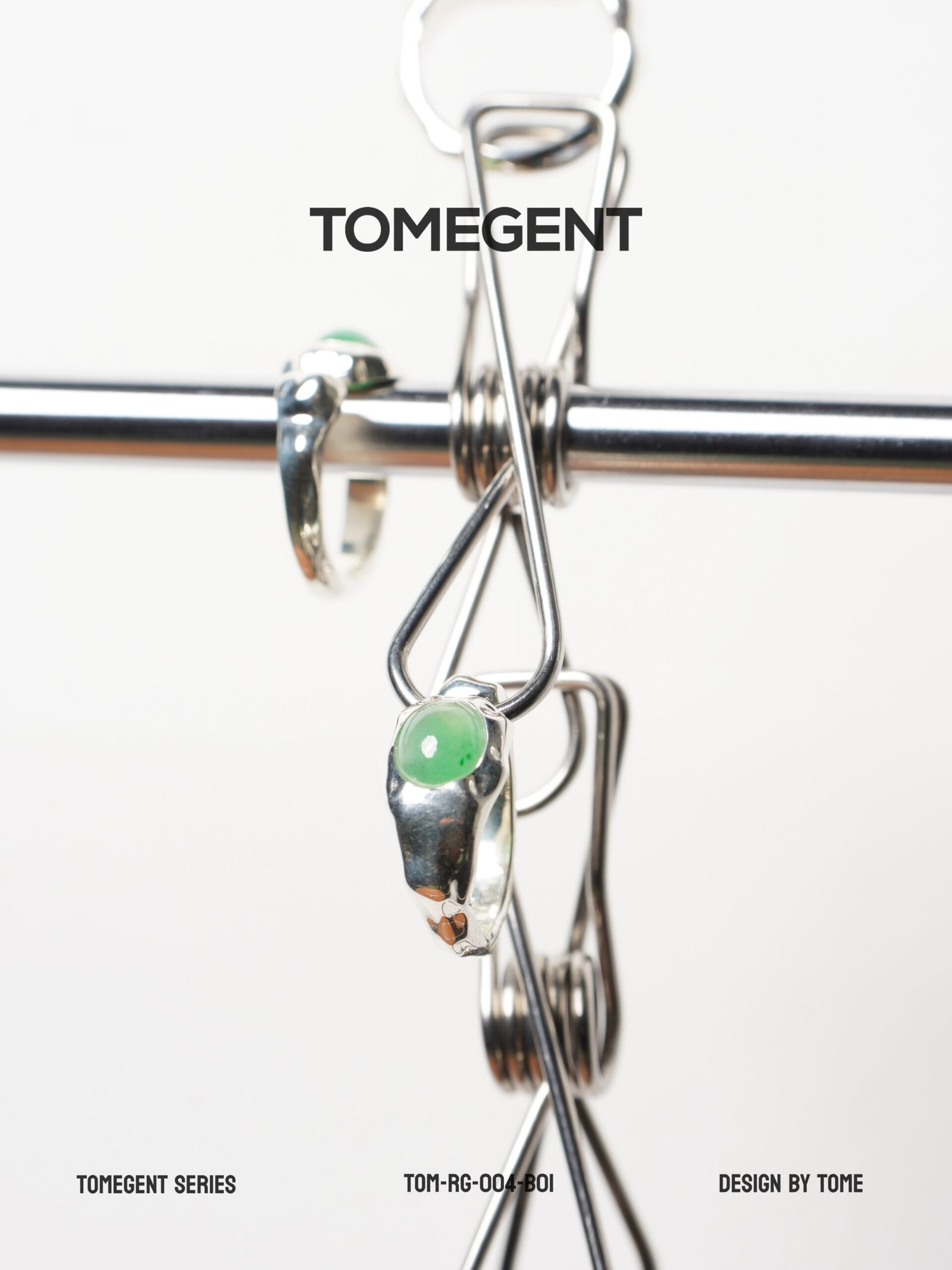 TOMEGENT Liquid Metal Series Sterling Silver Inlaid Jadeite Pinky Ring | TOM‑RG‑004‑B01